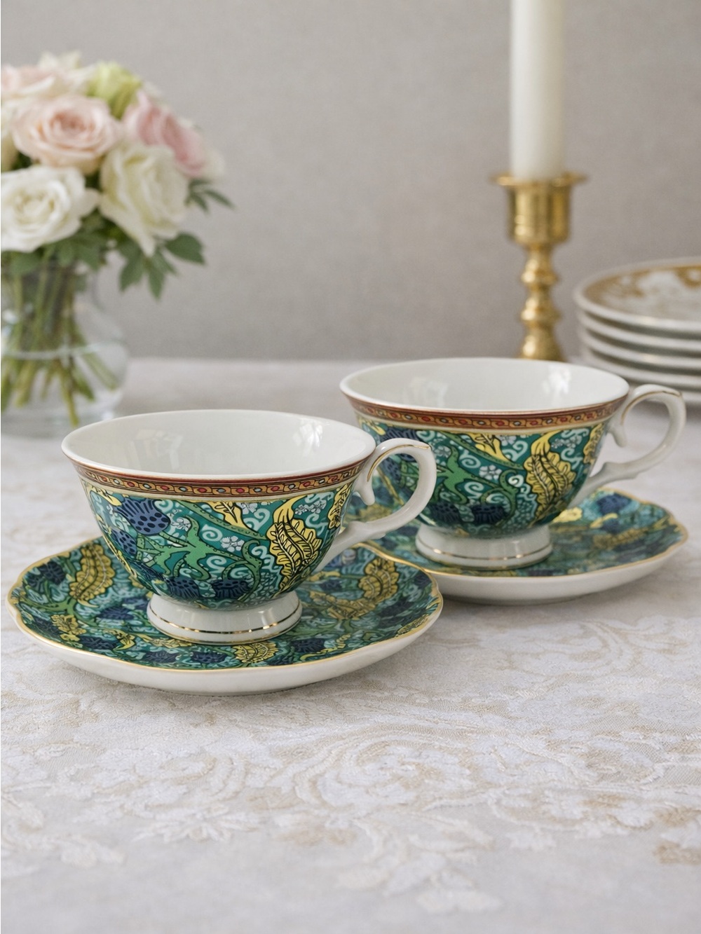 NWT Grace Teaware Green & Gold Porcelain Teacup Set 2 Cups & 2 Saucers Gift Box